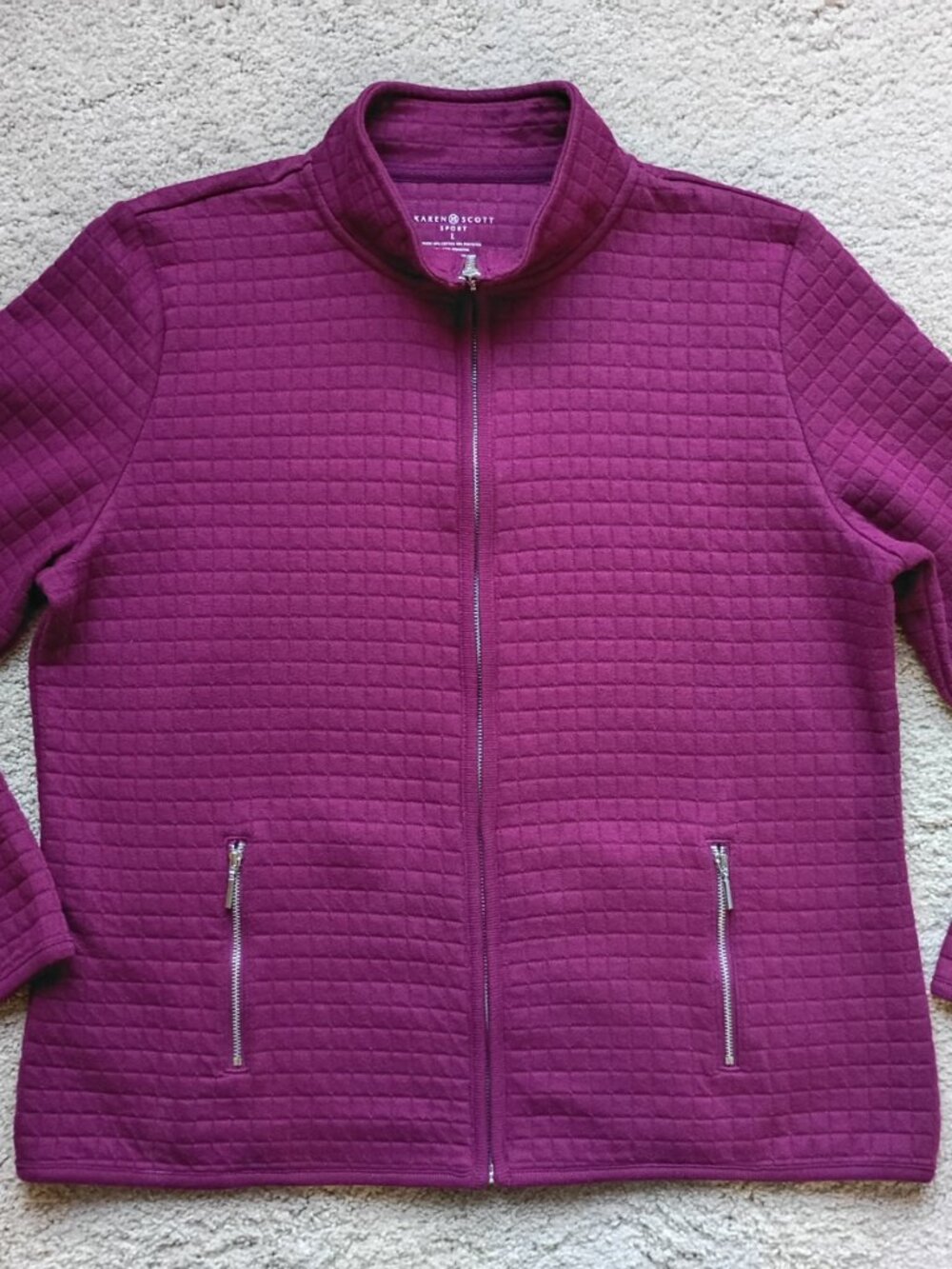 Karen Scott Sport Womens Burgundy Full Zip Jacket w/ Pockets Waffle Quilted Sz L